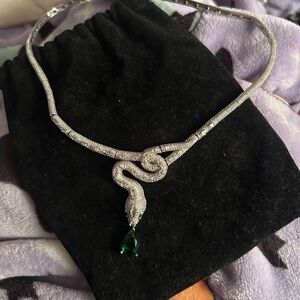 Silver -Tone Snake Pendant Necklace with Green Teardrop Stone